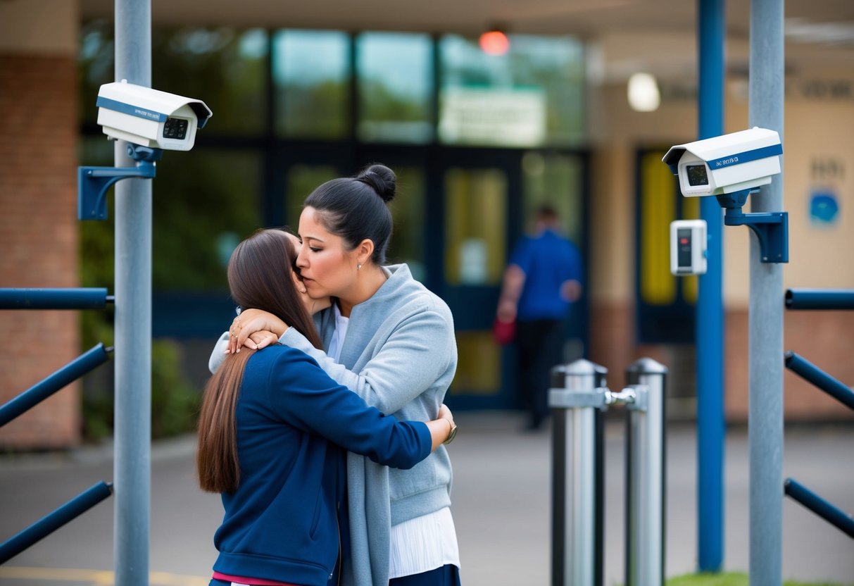 A school counselor comforting a distressed student while security measures, such as metal detectors and surveillance cameras, are installed around the school