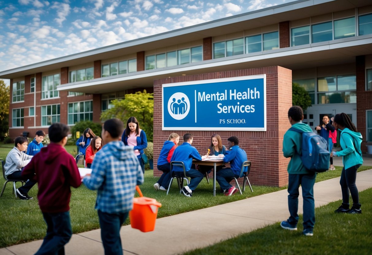 A school building with a prominent sign for mental health services, surrounded by students engaging in various educational activities