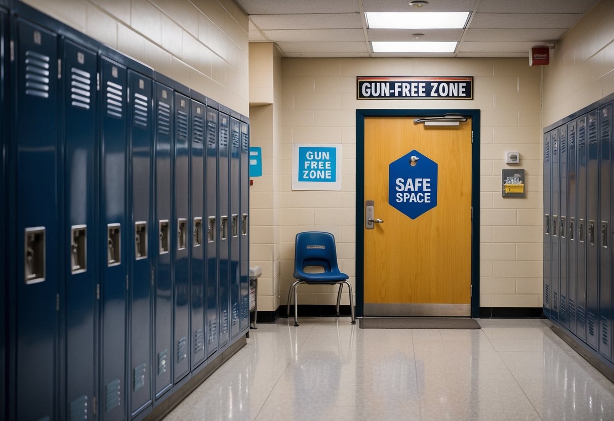 A school hallway lined with lockers, a sign reading "Gun-Free Zone," and a counselor's office with a "Safe Space" sticker on the door