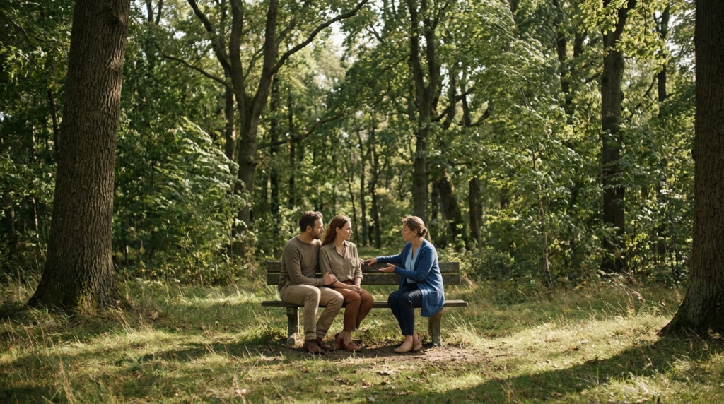 Couple in therapy session with therapist in park