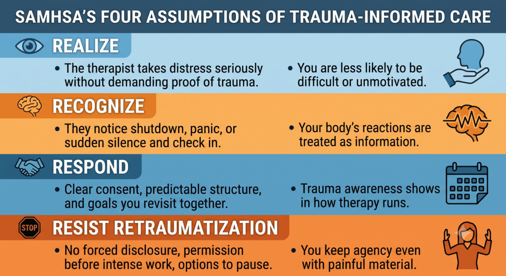 Understanding the realize, recognize, respond, resist retraumatization framework.