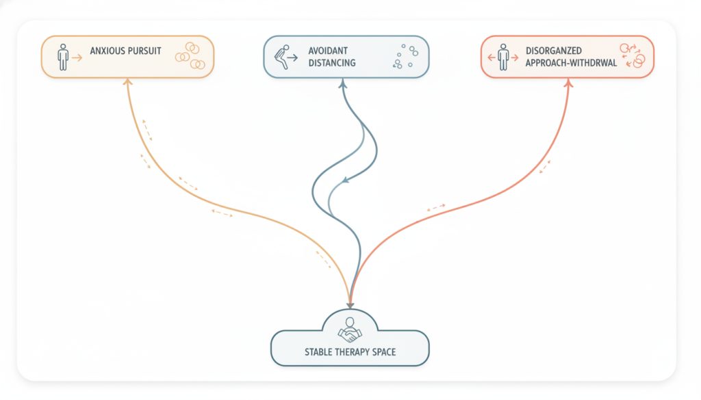 Visual concept of anxious, avoidant, and disorganized attachment therapy pathways