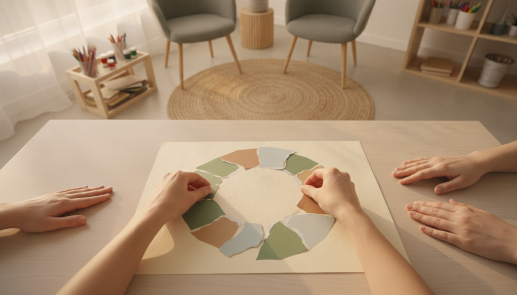 Safe-place collage in trauma-informed art therapy session