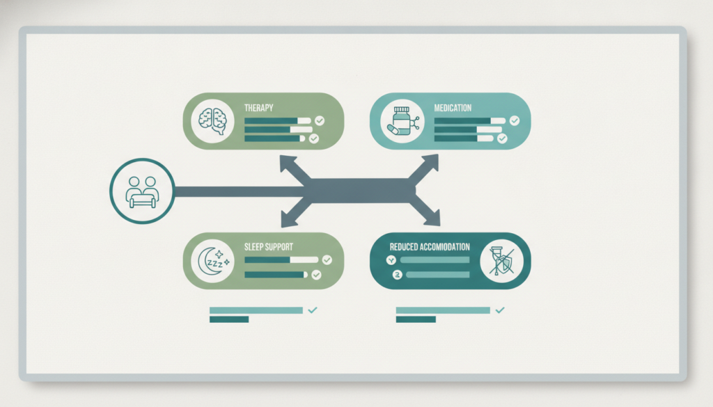 Anxiety treatment pathway infographic with CBT medication and family support