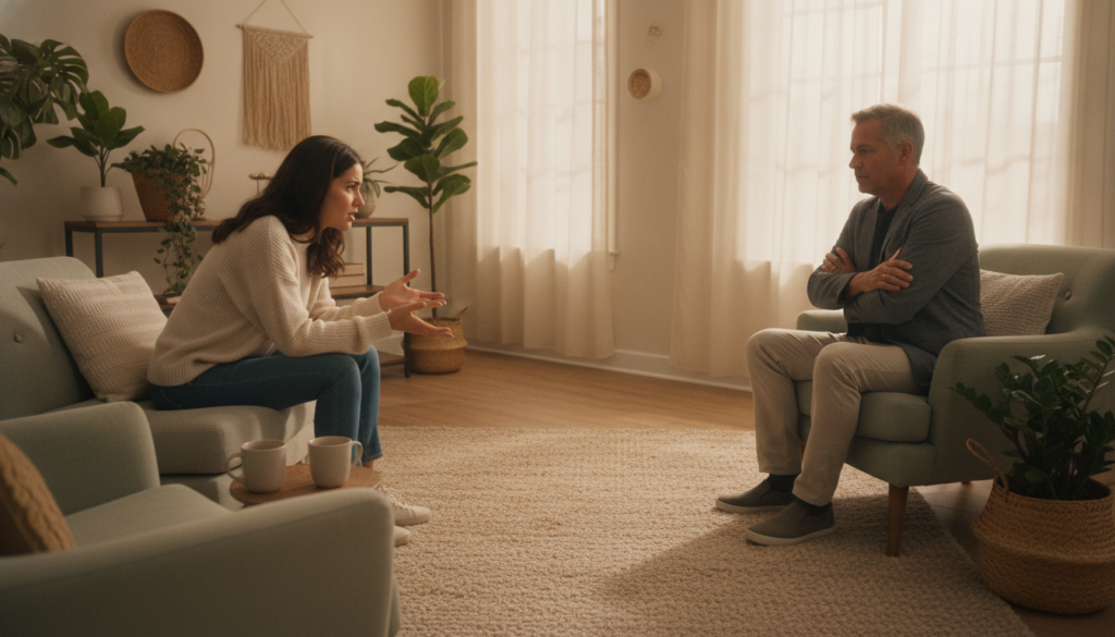 Couple in therapy discussing anxious and avoidant attachment patterns