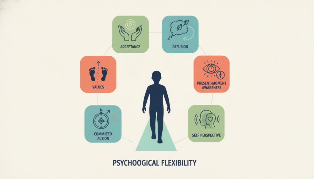 ACT therapy for anxiety six core psychological flexibility skills diagram