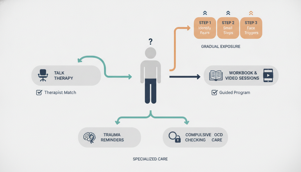ACT vs CBT for anxiety treatment fit and exposure decision map