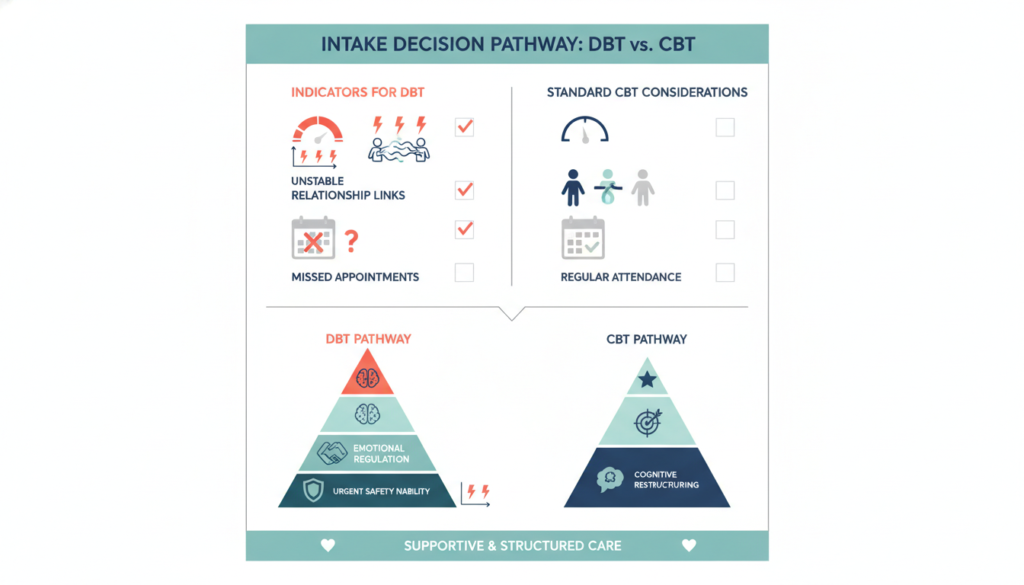 DBT intake decision pathway for safety risks and emotion dysregulation