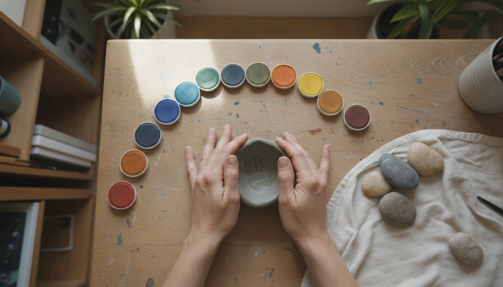Hands shaping clay for grounding in trauma art therapy
