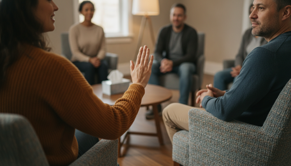 Therapist modeling right to pass during a respectful group therapy session