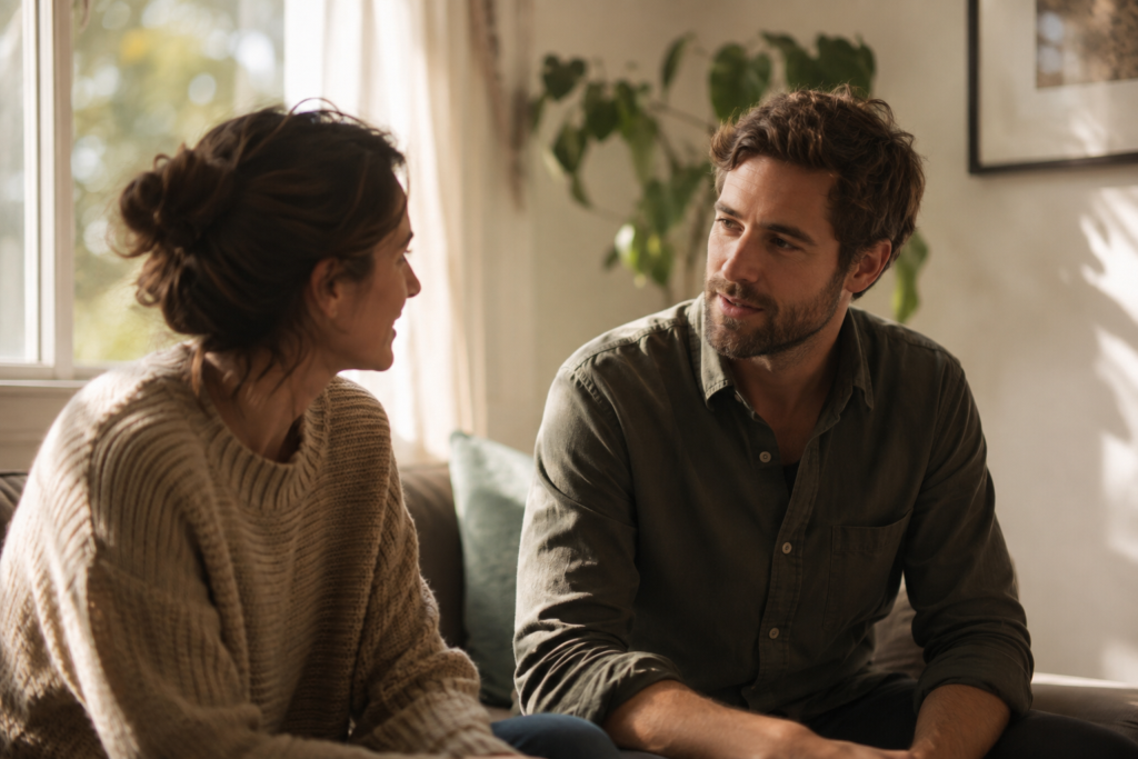 Two adults seated facing each other in quiet conversation in a softly lit room