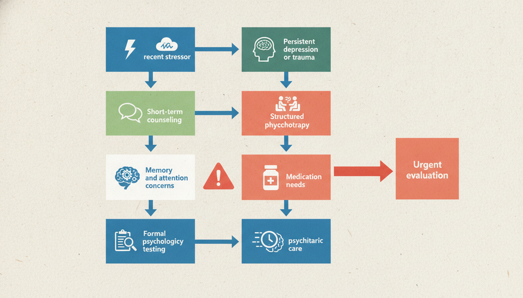 Mental health care flowchart for counseling, therapy, testing, and medication