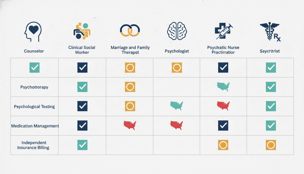 Mental health license comparison for therapy, testing, medication, and insurance