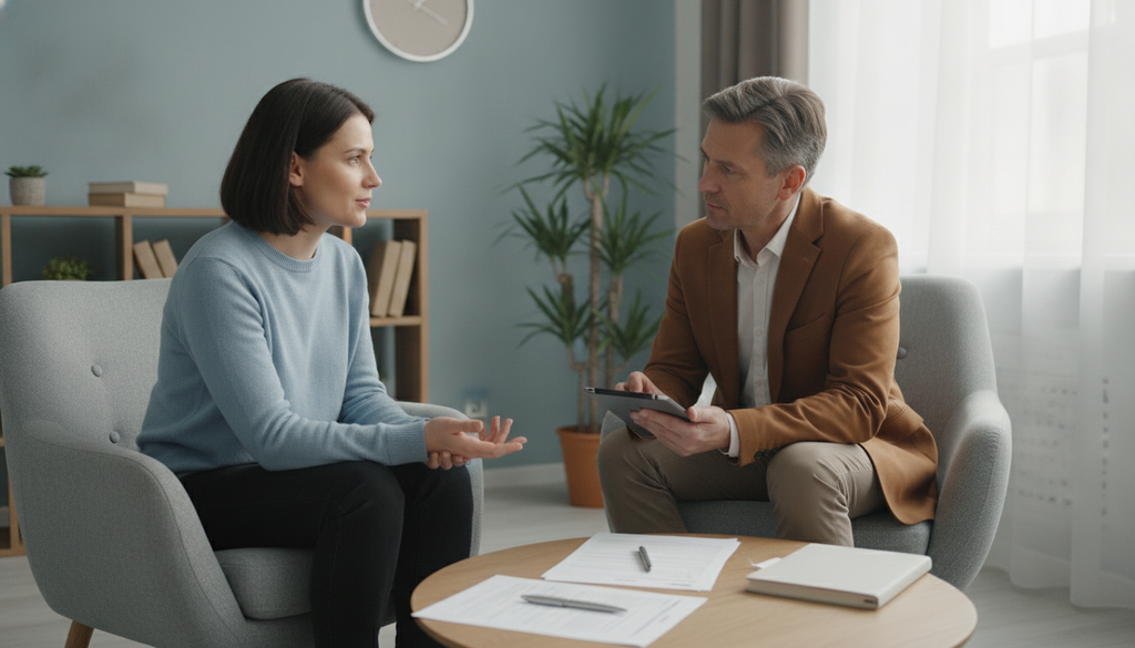 Adult discussing long-term ADHD challenges with a mental health professional