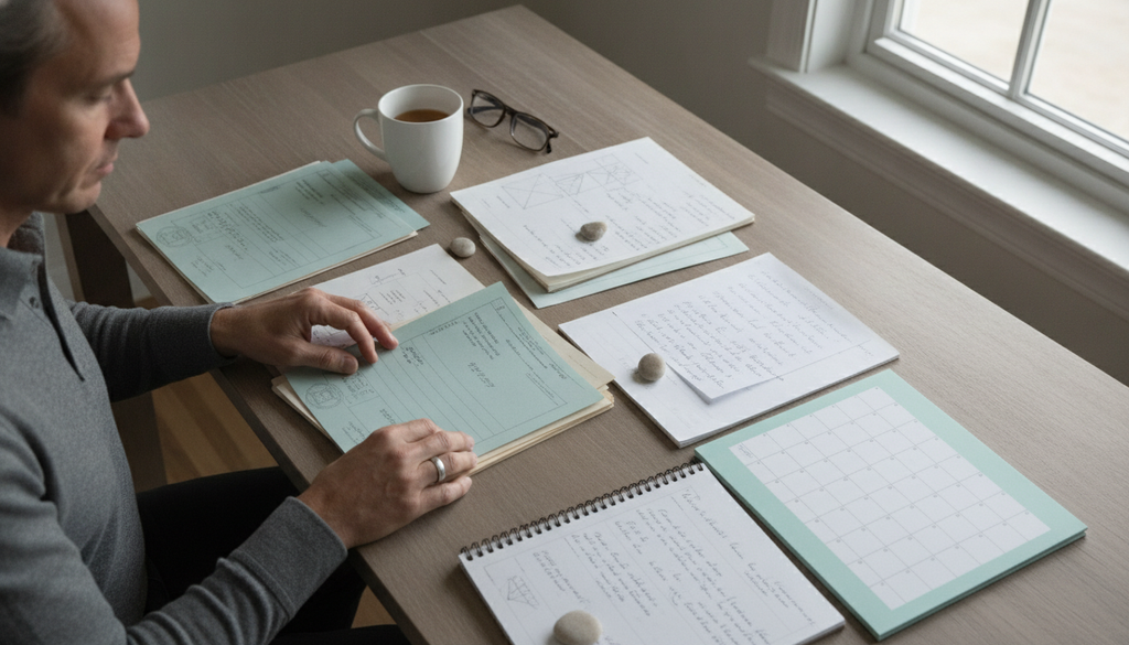 Adult organizing old school records and notes before an evaluation