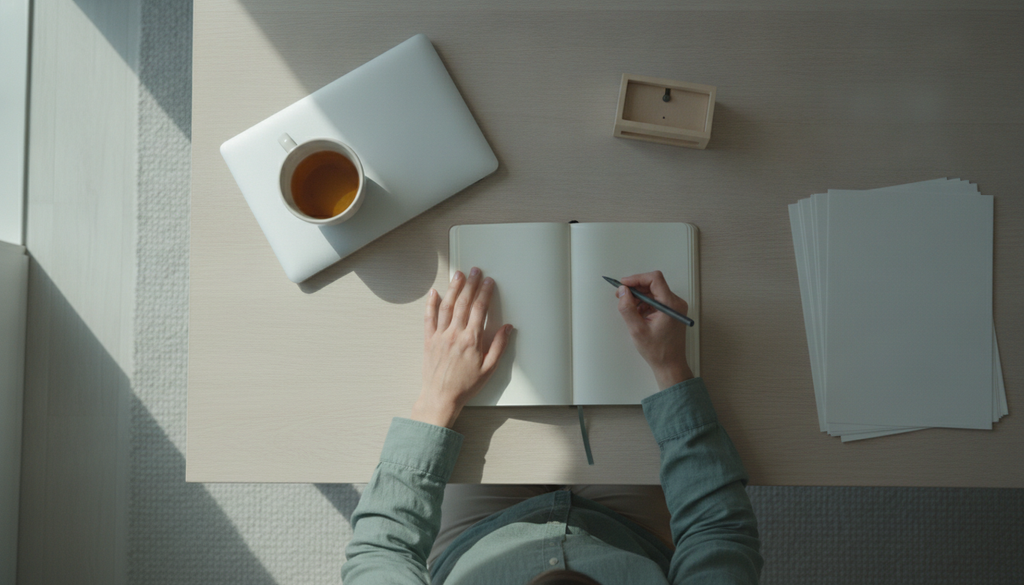 Adult reflecting over a blank journal at a tidy home workspace