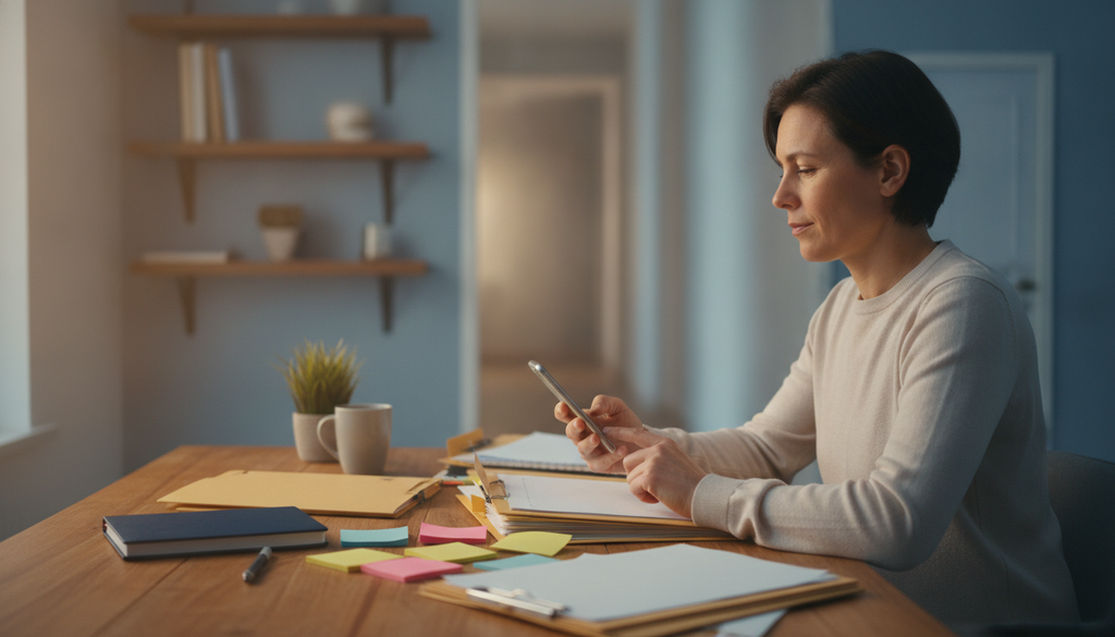 Adult reviewing unfinished paperwork at a home desk in calm afternoon light