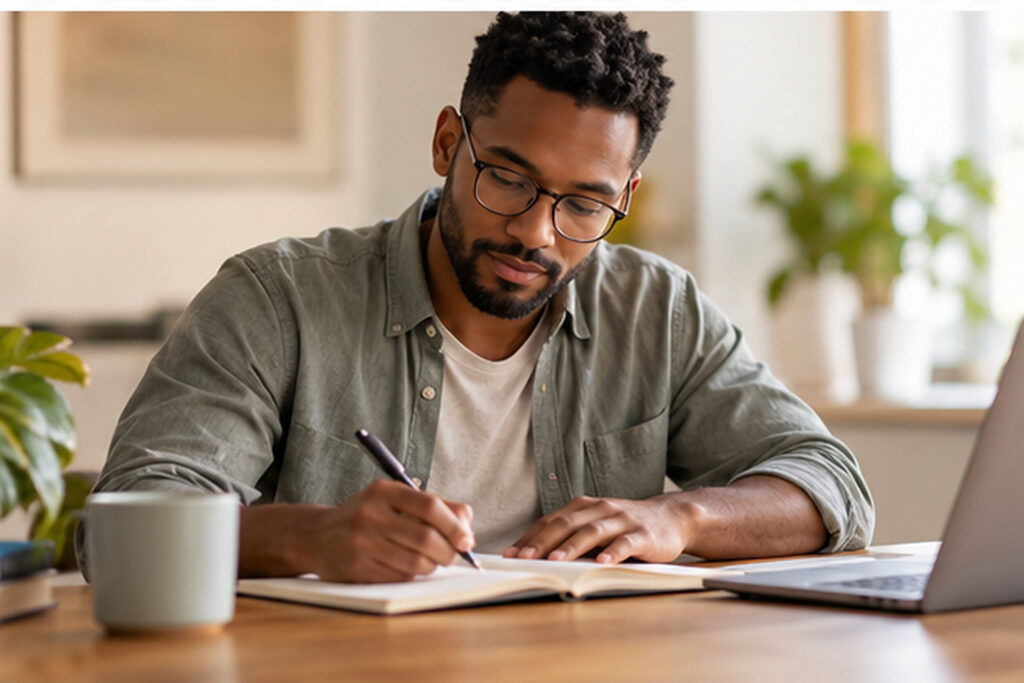 Adult writing in an open notebook beside a laptop on a wooden desk