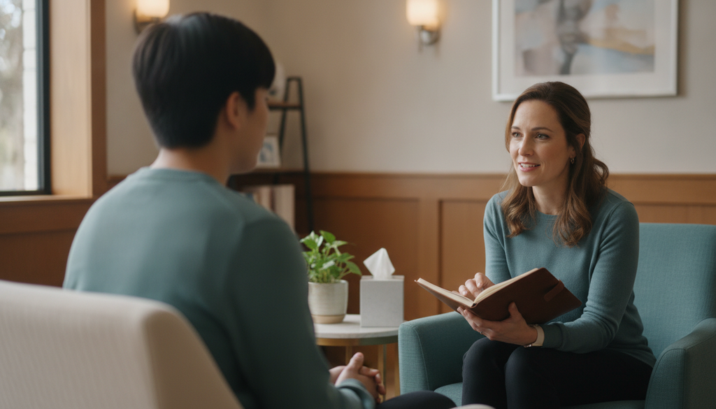 Clinician listening to a young adult during an intake conversation in a generic office