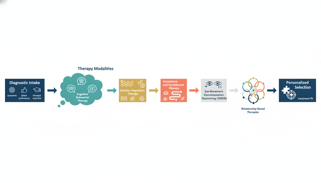 Individual therapy pathway from intake to CBT, DBT, ACT, EMDR, or psychodynamic care