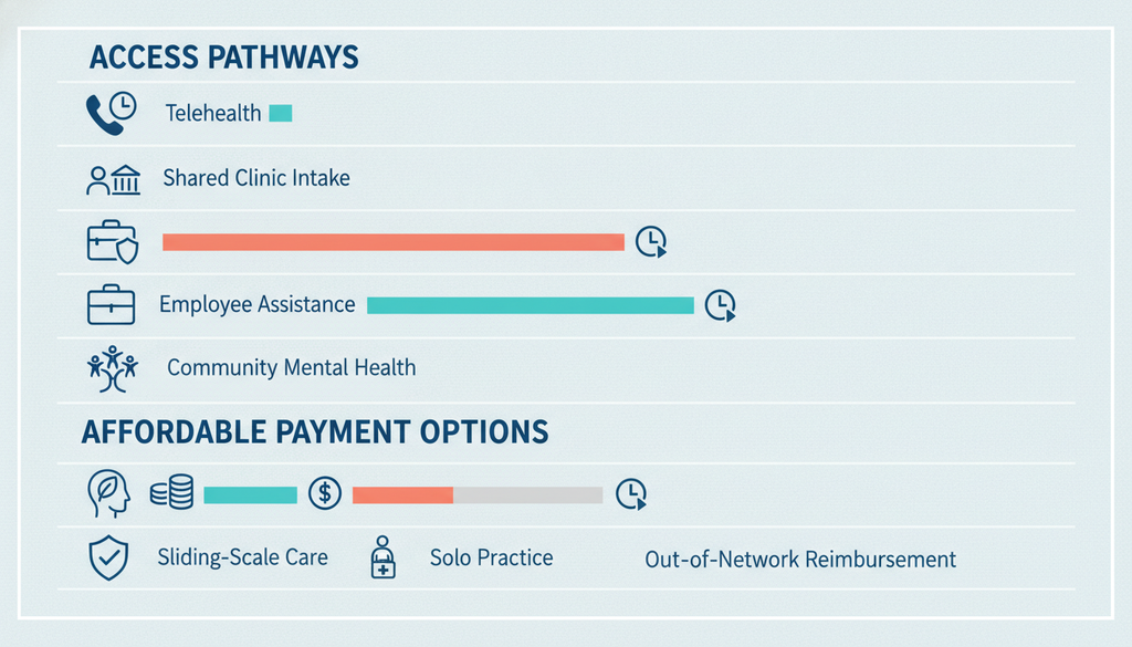 Mental health intake paths, wait times, and therapy cost options infographic