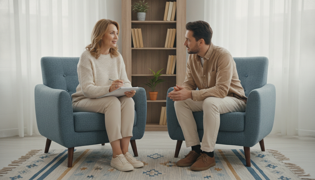 Mental health professional listening to an adult in a neutral consultation room