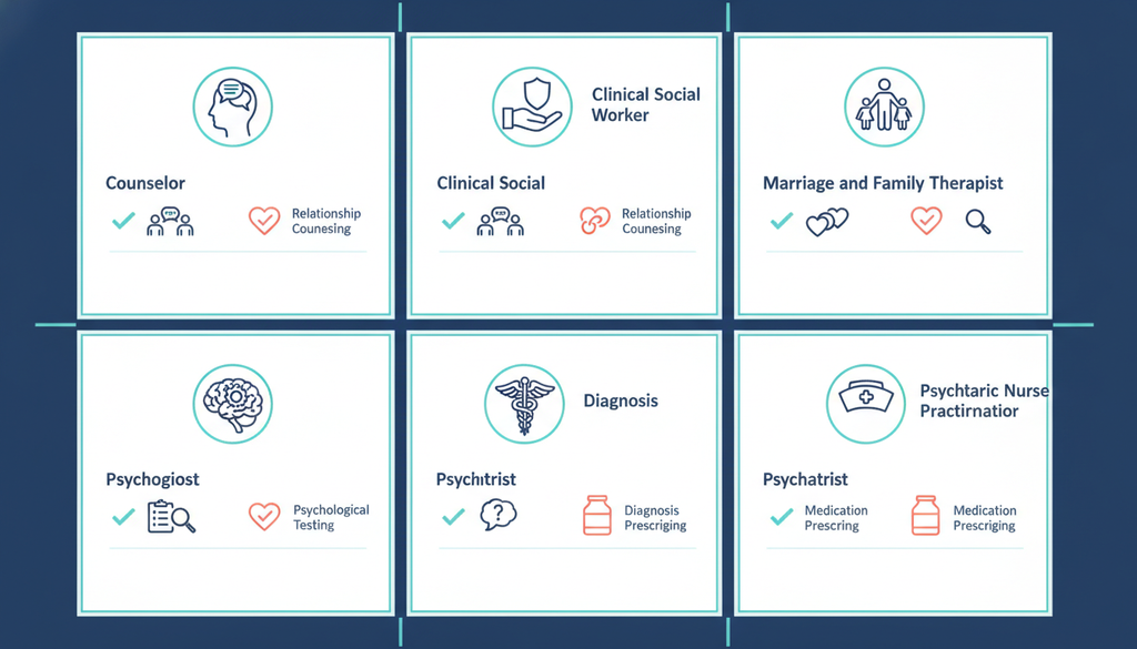 Mental health provider types and their diagnosis, therapy, and prescribing roles