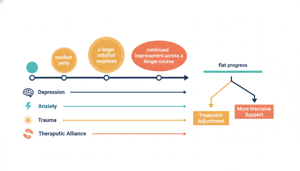 Therapy progress infographic showing symptom tracking and treatment adjustment