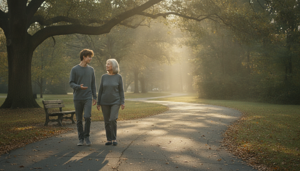 Young adult walking and talking with a supportive older relative on a tree-lined path